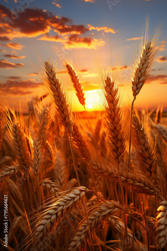 Golden hour landscape with fields of wheat and a setting sun. © tynza