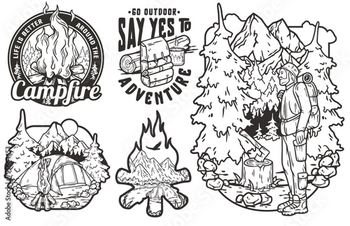 Set of retro camping badge designs featuring outdoor scenes, camper, and campfire elements. Sticker pack travel or nature hiking and camp for t-shirt print