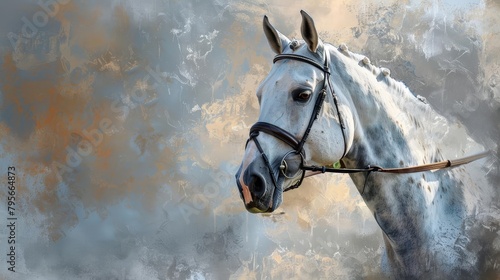 majestic steed portrait of a beautiful white horse with bridle in the park digital painting photo