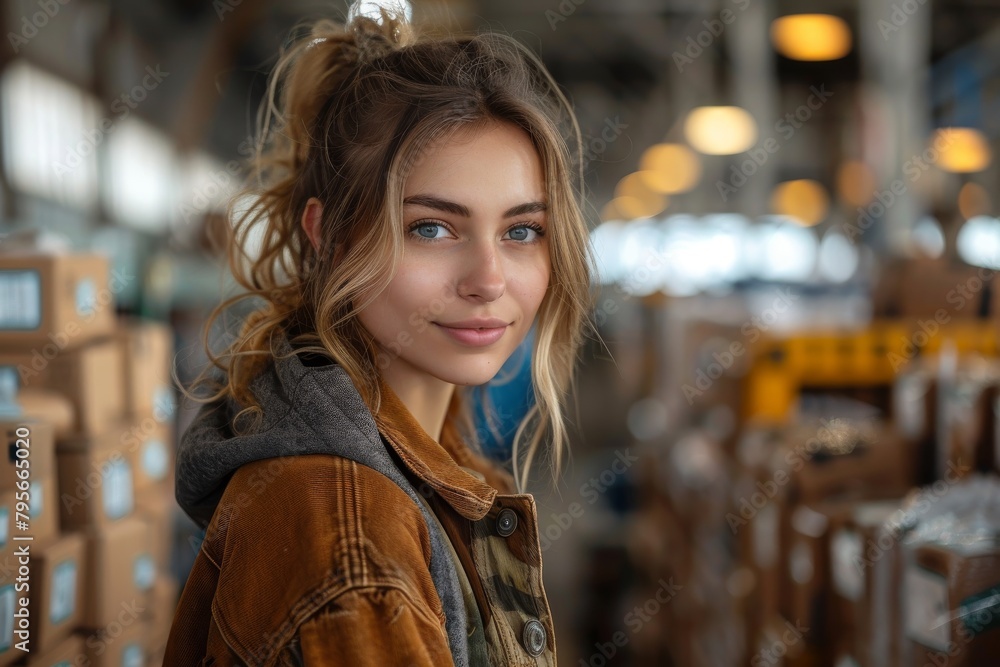 Attractive young woman with casual style posing confidently in an industrial warehouse setting