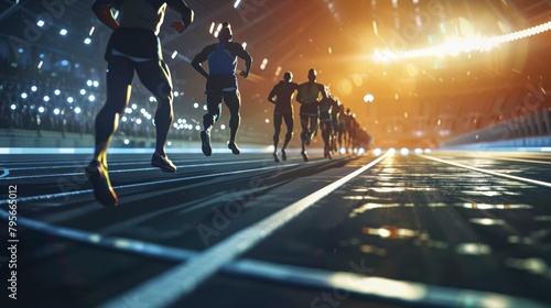 Group of athletes running on a track at night. Digital illustration of sports event. Athletics competition concept