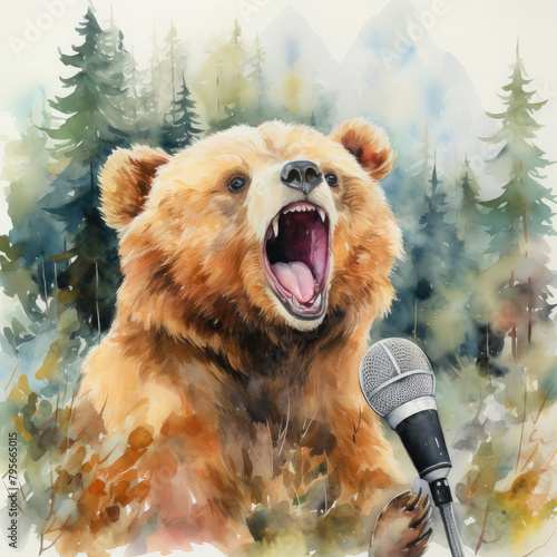 Watercolor muzzle of a bear singing into a microphone, clipart Illustration, Generative Ai © SantoshArt