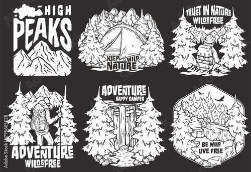 Collection of vintage-style camping badges with nature and adventure motifs for outdoor themes. Sticker pack travel. Set for hiking and camp. T-shirt print