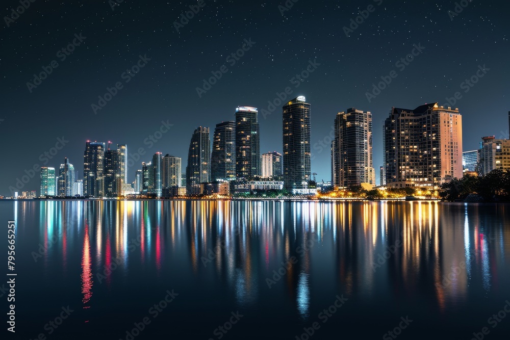 Fototapeta premium The beautiful Nighttime Miami skyline with stars twinkling. Ai generated