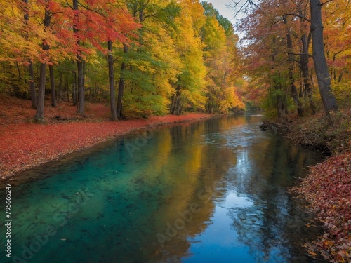 Gentle river flows through forest ablaze with autumn colors. Water reflects vibrant hues of trees, creating mesmerizing scene. Riverbanks carpeted with fallen leaves, adding to beauty of landscape.