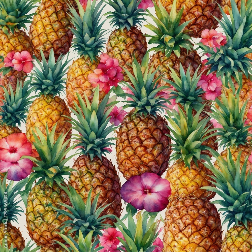 Fototapeta premium Watercolor painting depicts seamless pattern of pineapples, tropical flowers. Pineapples vibrant yellow with green spiky leaves, flowers pink, purple with delicate petals.