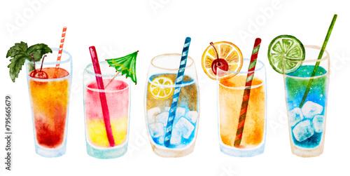 Watercolor set tropical summer drink, tropical cocktails cut out from background. Hand drawn not AI
