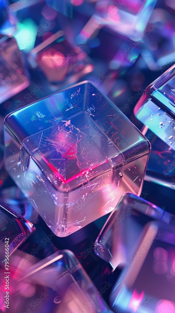 3D render of colorful ice cubes with small cracks on surface, dark pink and light blue colors, wallpaper concept 3D render of colorful ice cubes with small cracks on surface, dark pink and light blue colors, wallpaper concept