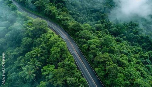 aerial view of beautiful winding highway road through dense green forest. ai generative © AriyaniAI