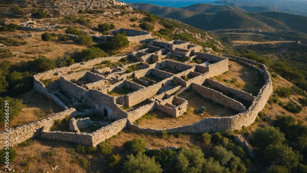 Ruins of ancient settlement sit atop hill, overlooking body of water, mountainous landscape. Stone walls of structures still standing, forming network of rooms, passageways.