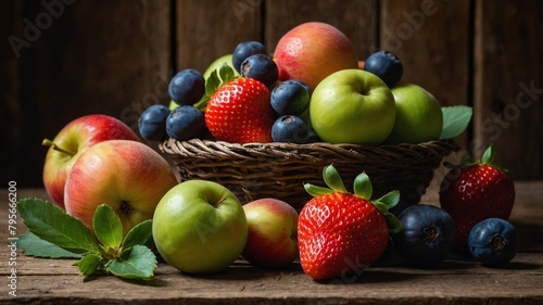 Variety of fruits arranged on rustic wooden table against dark wooden background. Woven basket overflows with green apples  red-tinged apples  peaches  blueberries  while additional green apples.