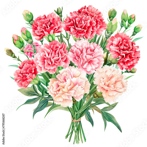 Bouquet of Carnations with Watercolor Effect  A vibrant bouquet of pink and peach carnations illustrated with a watercolor effect on a white background.  