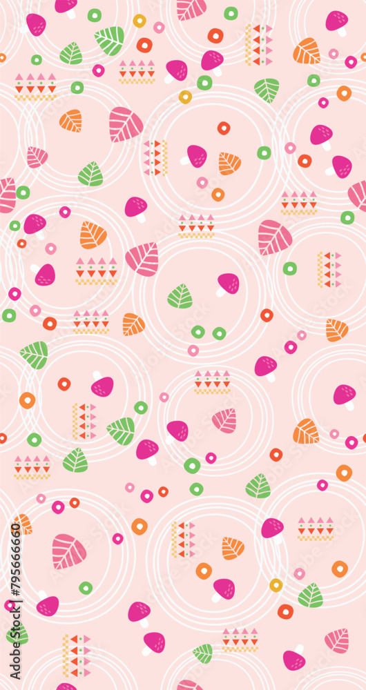 Colorful vector illustration of pattern with randomly scattered mushrooms and leaves.
