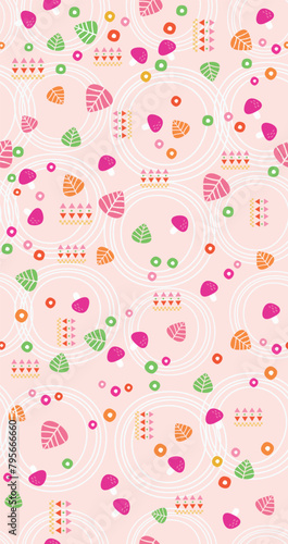 Colorful vector illustration of pattern with randomly scattered mushrooms and leaves.