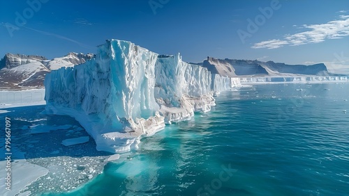 Icebergs melting on Greenlands coast under the summer sun due to global warming. Concept Global Warming, Melting Icebergs, Environmental Crisis, Greenland's Coast, Climate Change