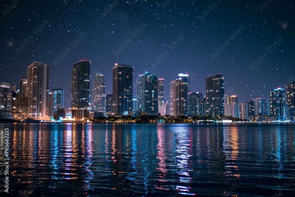 Fototapeta premium The beautiful Nighttime Miami skyline with stars twinkling. Ai generated