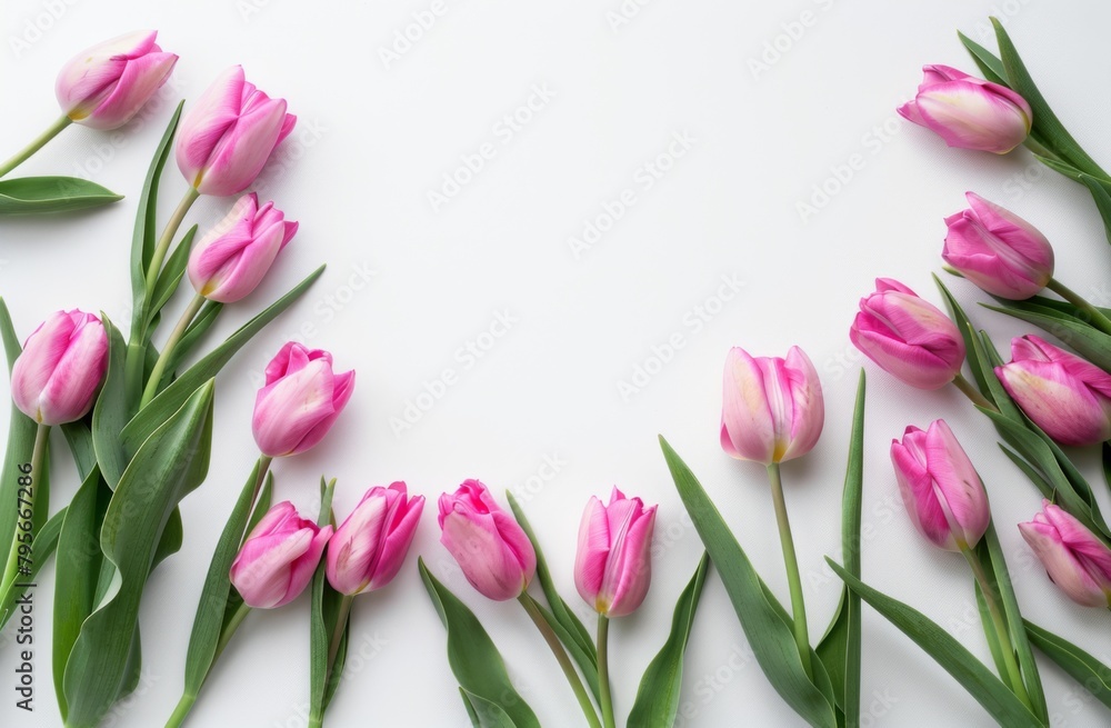 white background with pink tulips, an elegant and minimalistic floral frame for text or image white background with pink tulips, an elegant and minimalistic floral frame for text or image