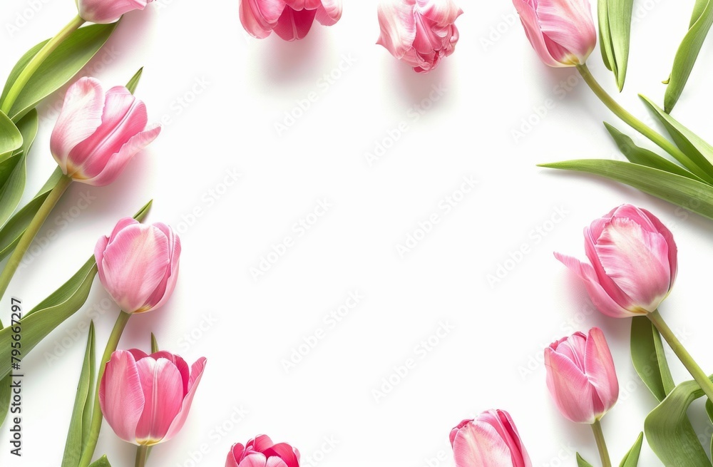 white background with pink tulips, an elegant and minimalistic floral frame for text or image white background with pink tulips, an elegant and minimalistic floral frame for text or image