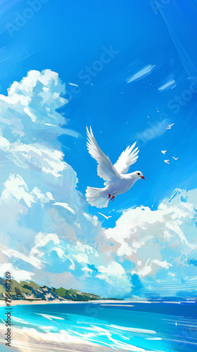 A white dove soaring through the blue sky over the vast ocean. Generative AI photo