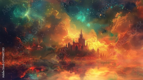 psychedelic palace surreal fantasy landscape with colorful smoky clouds and stars dreamy digital painting © Bijac
