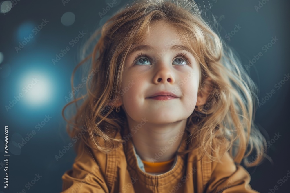 Portrait of an attractive child in a mustard outfit intently looking upwards, with a dreamy gaze Portrait of an attractive child in a mustard outfit intently looking upwards, with a dreamy gaze