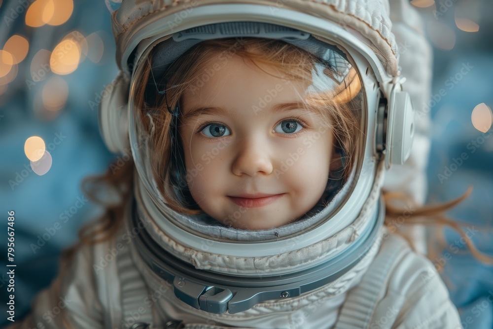 Child in astronaut suit with a gleaming smile, showcasing adventure and youthful dreams Child in astronaut suit with a gleaming smile, showcasing adventure and youthful dreams