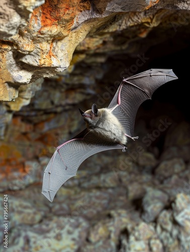 Small brown bat captured mid-flight in natural habitat.