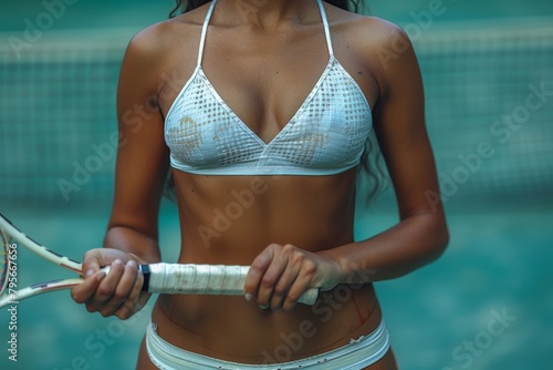 Toned athletic woman in sports attire holding a tennis racket near a pool, representing an active lifestyle