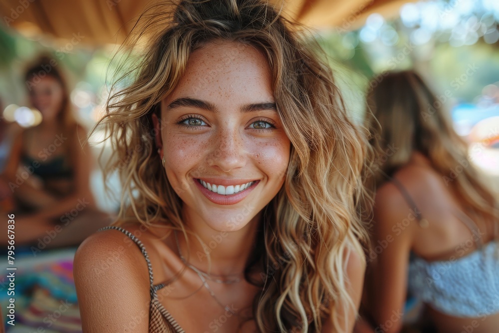 Carefree young woman with a wide smile enjoying a picnic in good company Carefree young woman with a wide smile enjoying a picnic in good company