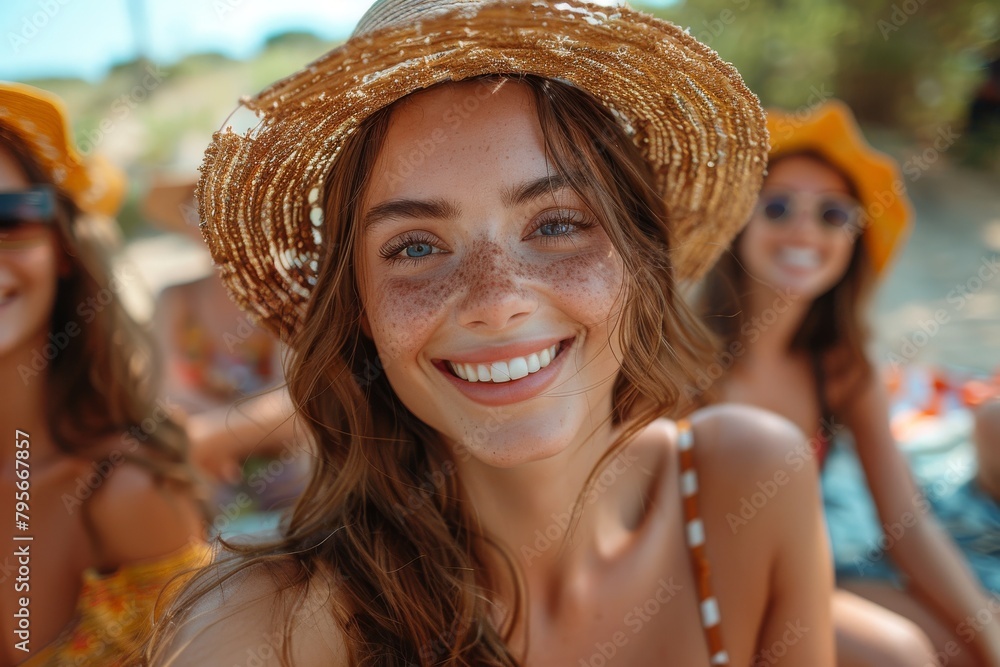 Woman with a beaming smile and freckles, wearing a golden hat outdoors
