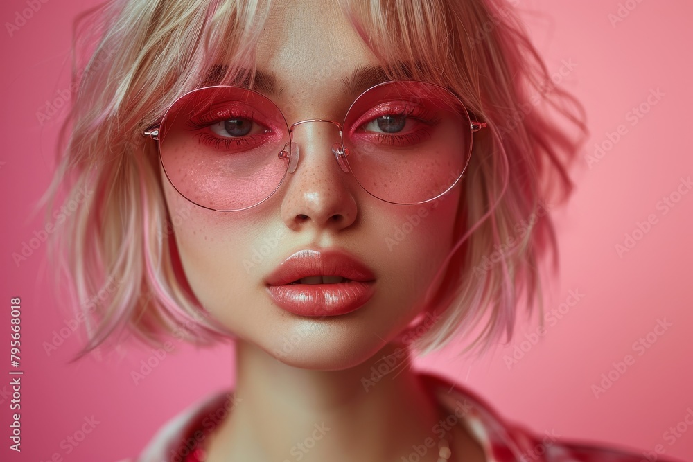 Attractive young lady with short pink hair and red glasses, giving a look full of attitude Attractive young lady with short pink hair and red glasses, giving a look full of attitude