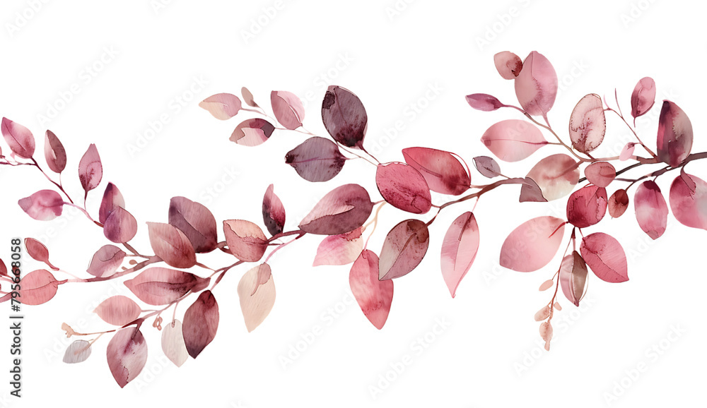  watercolor branch with leaves, light pink and dark red colors isolated on white background.