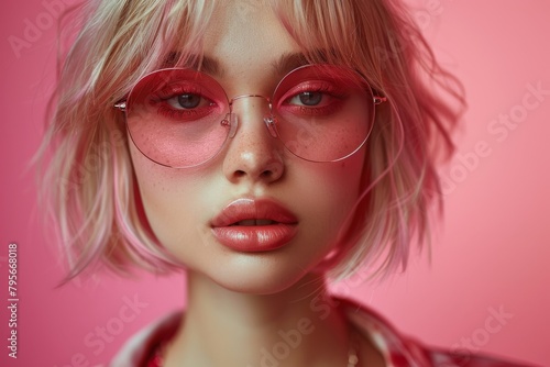 Attractive young lady with short pink hair and red glasses, giving a look full of attitude