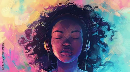 serene woman wearing headphones eyes closed in tranquil bliss immersed in the calming power of music digital illustration