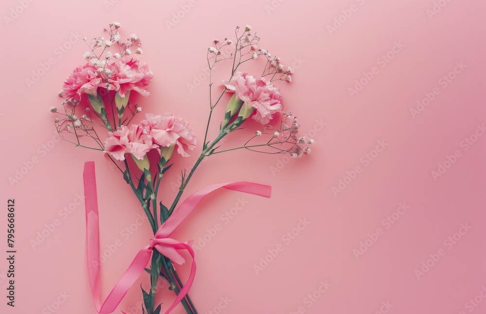 carnations and baby's breath bouquet tied together with ribbon