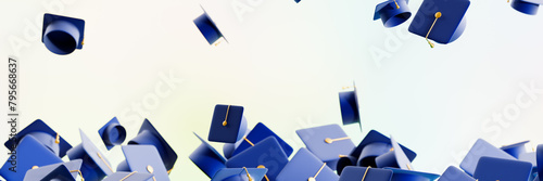Graduation caps are thrown. Banner from a lot. 3D rendering