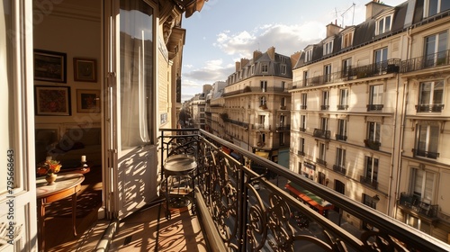 Elegant Parisian Apartment with Wrought Iron Balcony, Overlooking a Bustling Street, Urban Elegance