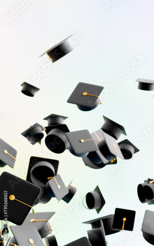 Graduation caps are thrown. A lot of hats are flying up. 3D rendering
