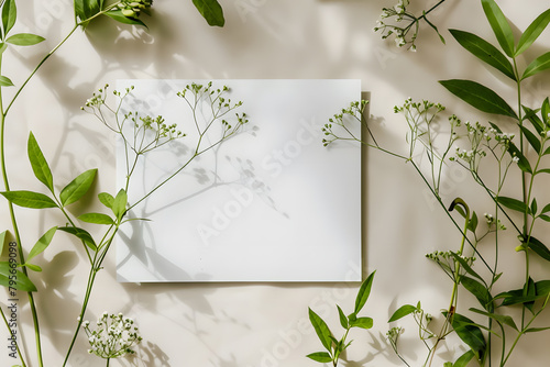 Stylish elegant flat lay olive green floristic greeting invitation post card with copy space mockup.