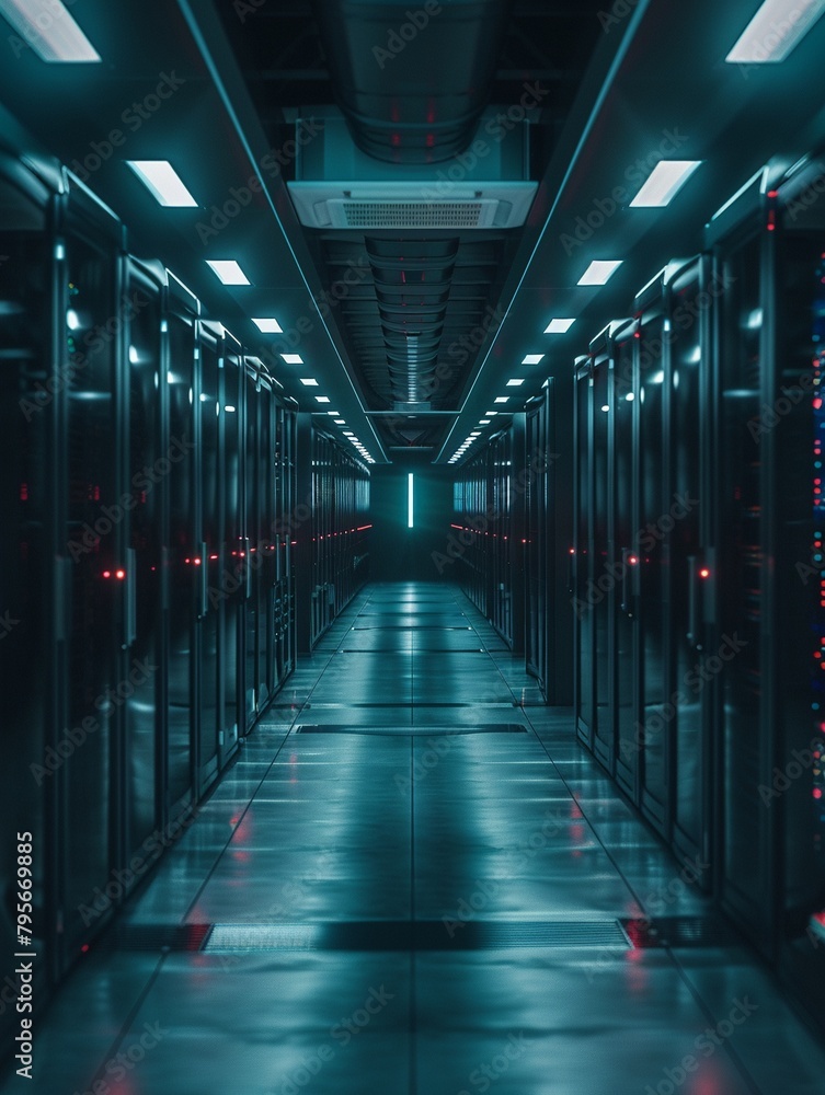 Obraz premium Secure data center tour, showcasing defenses against cyber threats, highsecurity facility, informational visit, day , cinematic
