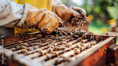 Beekeeper managing beehive frames with clustering honey bees in an orchard photo
