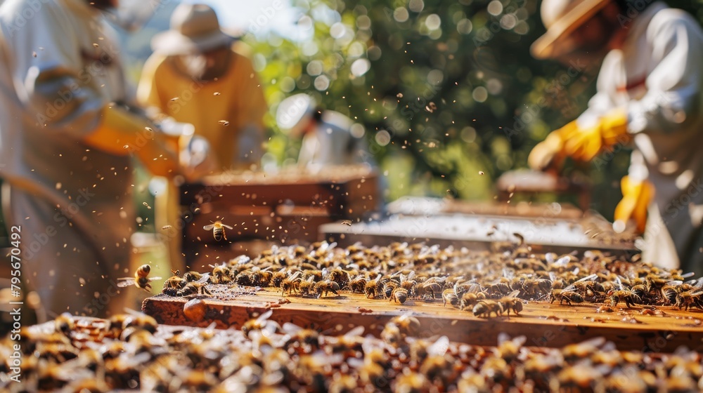 Beekeepers working with beehives and swarming bees in a sunny apiary. Selective focus beekeeping photography.