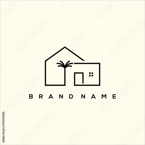 line art Vacation house or villa and palm tree logo vector