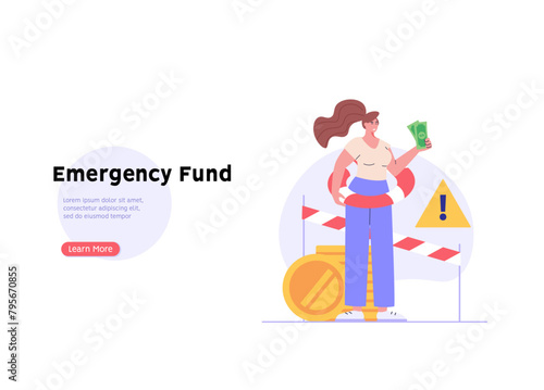 Woman save money in emergency fund, safety cushion. Concept of emergency fund, finance insurance, money reserve and compensation. Vector illustration in flat design for web banner