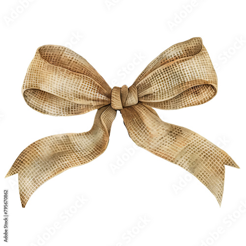 Rustic Burlap Watercolor Bow Isolation, Rustic textured burlap bow illustration with a watercolor wash, isolated against a white background.


