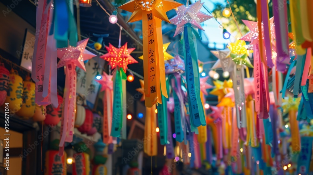 Traditional Japanese paper lanterns with stars and streamers in vibrant colors.
