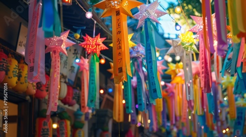 Traditional Japanese paper lanterns with stars and streamers in vibrant colors.