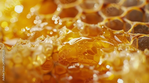 Fresh honey in comb with glistening droplets, macro texture shot. Organic honey production and natural beekeeping concept