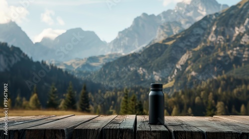 Reusable water bottle on rustic wooden table with mountainous landscape in background