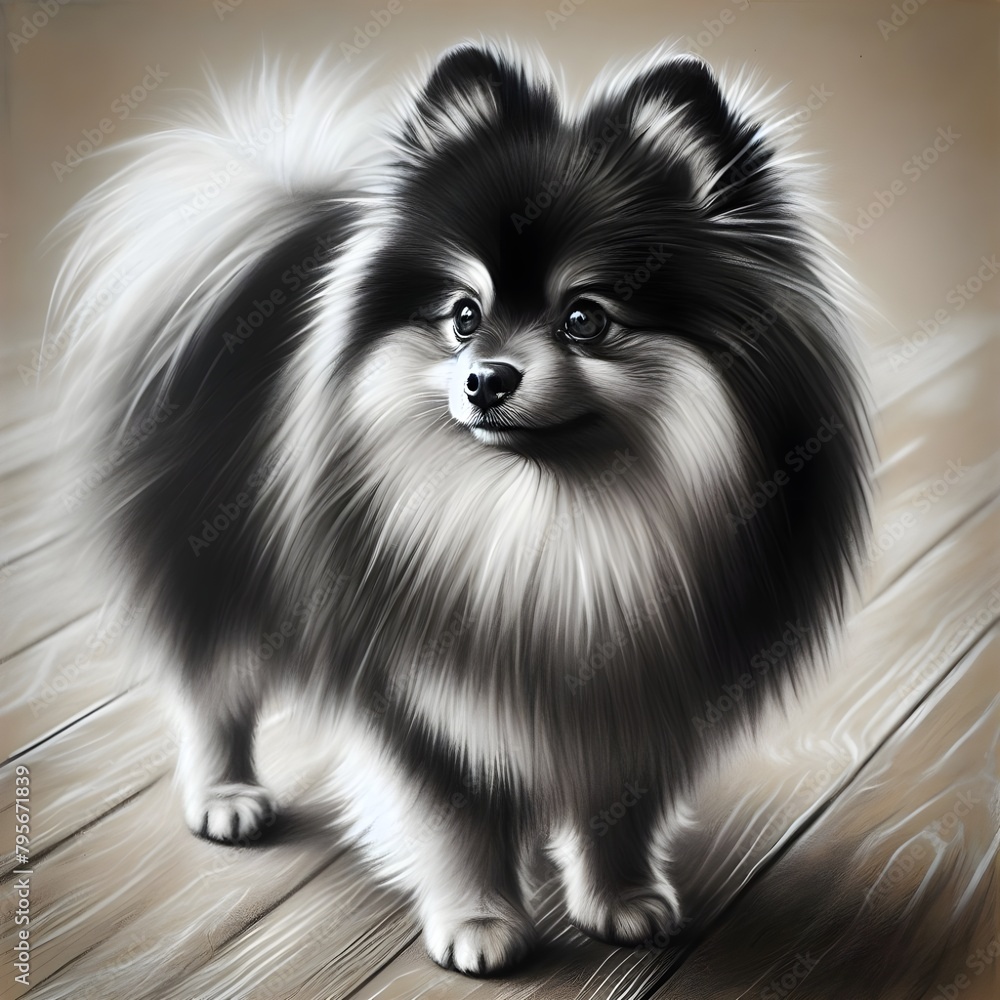 Obraz premium Fluffy Pomeranian Standing on Hardwood Floor 